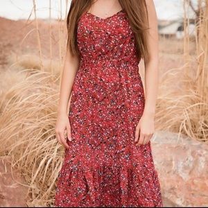 Cherry red floral spaghetti strap summer midi long dress